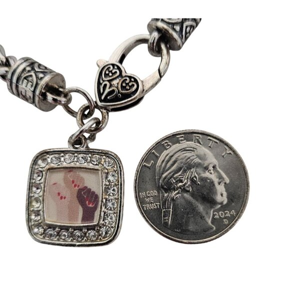 Silver-Tone Woven Bracelet with Heart Clasp & Rhinestone Charm - Picture 5 of 6